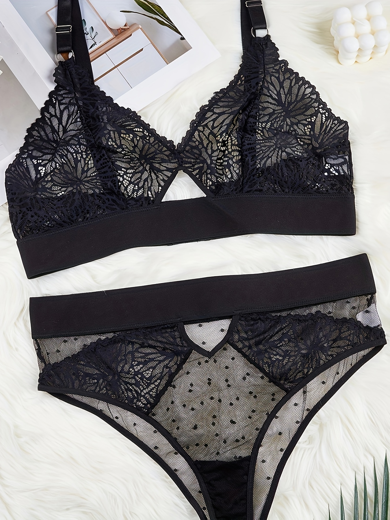 BLACK Lace longline padded bra and thong set, Womens Lingerie Set