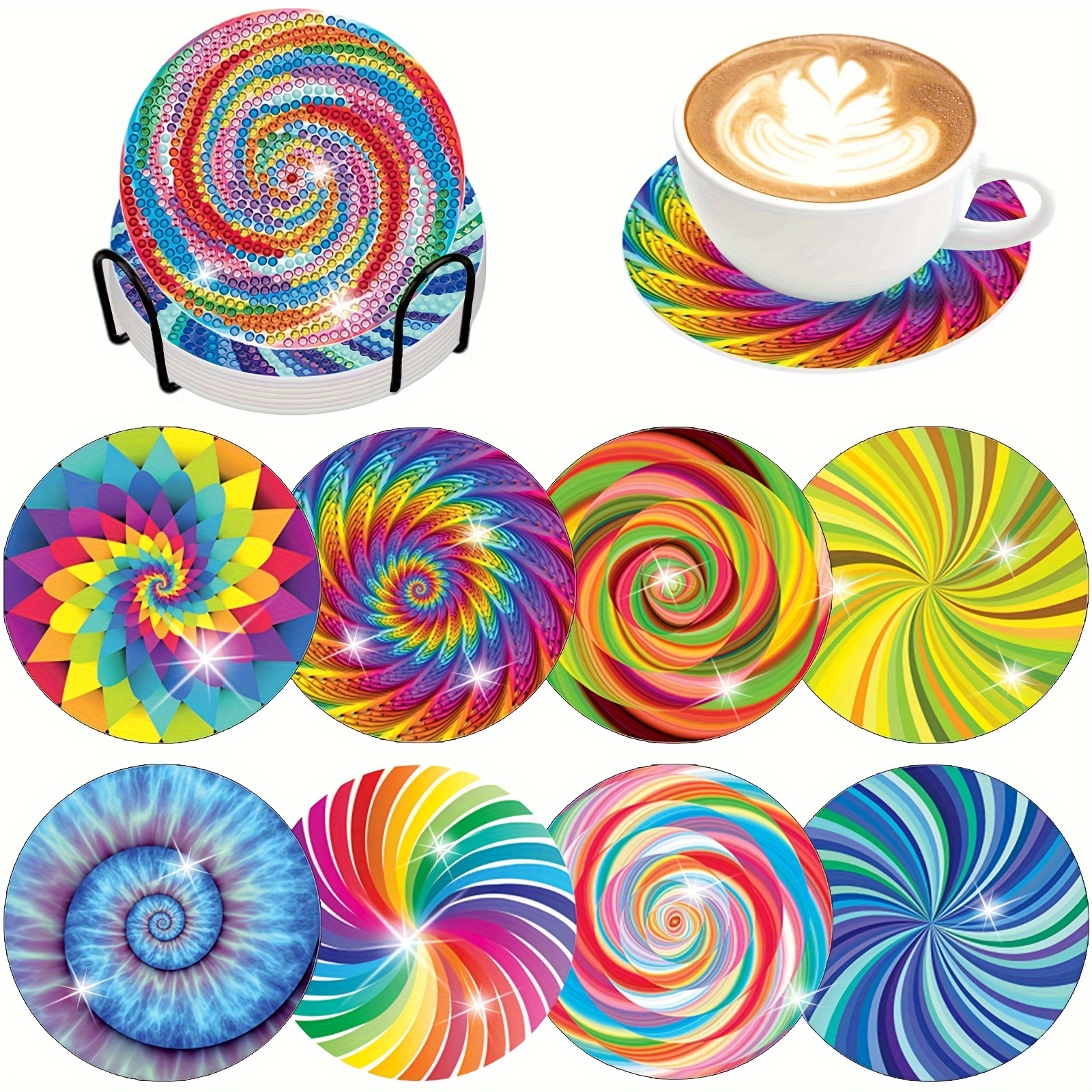 

8pcs/set New 5d Diamond Painting Coasters Kit, Colorful Pattern Coasters, Diy Artificial Crystal Rhinestone Coasters, Heat Insulation Cup Mats With Rack, Christmas Gift
