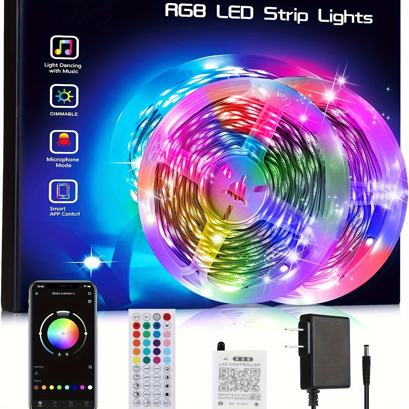 Tira de luces LED inteligentes de 100 pies 2 rollos de 50 pies tira de  luces RGB que se sincronizan con la música con control remoto de 40 teclas