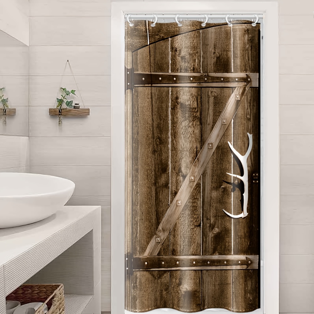 1pcs Brown Wooden Barn Door Shower Curtain, Polyester Waterproof With  Plastic Hooks 12