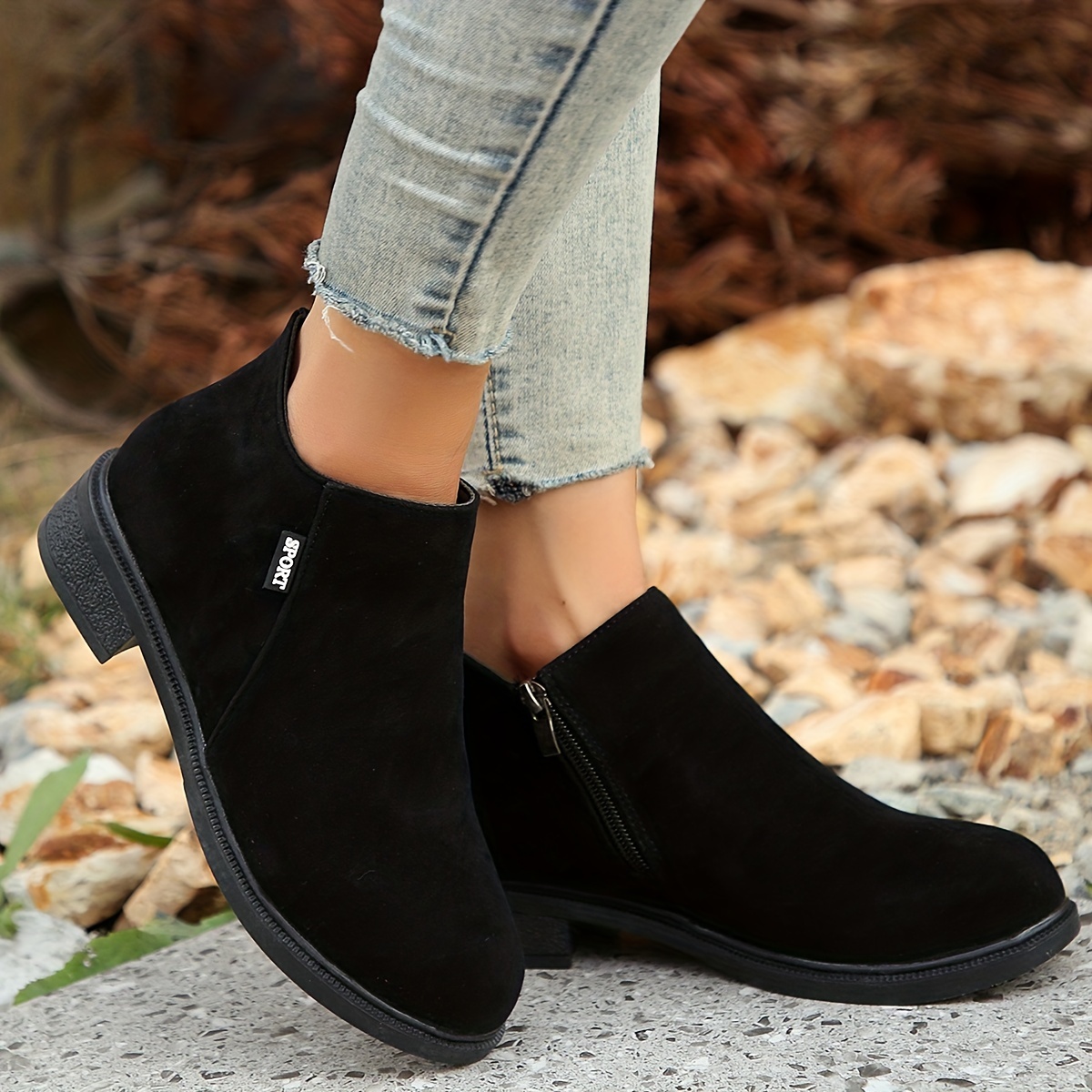 Women's Solid Color Chunky Heel Short Boots, Fashion Side Zipper