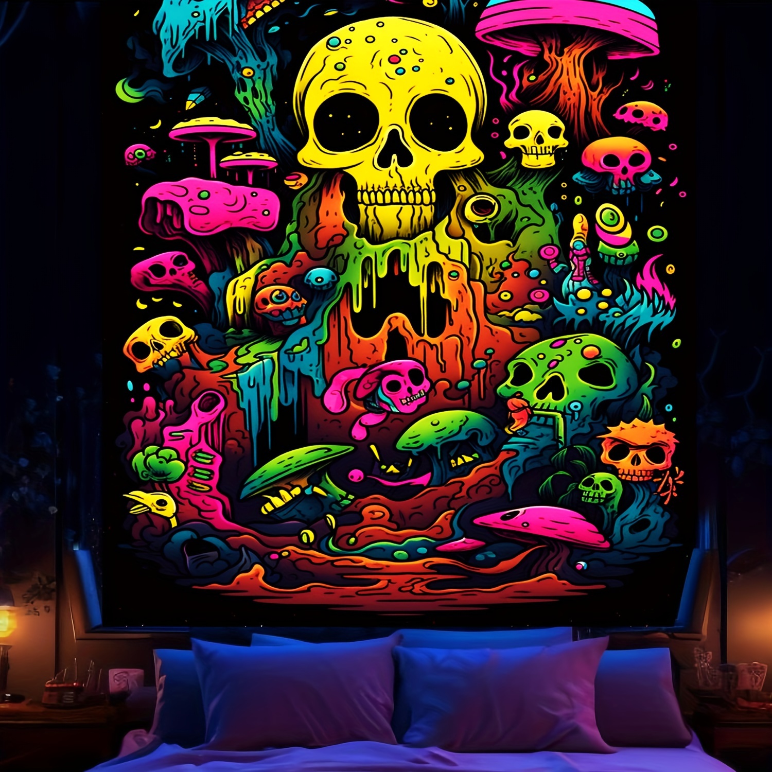 Neon Poster Skull Mushrooms Tapestry Uv Reactive Neon Temu