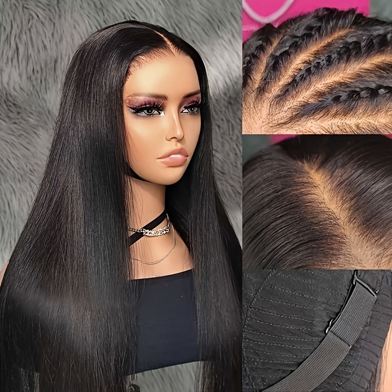 Portez Et Allez Perruques Droites Sans Colle En Cheveux Humains Pour Femmes 4x4 Fermeture Perruques En Cheveux Humains Pré-plumées Perruques Avant En Dentelle Pré-coupées Perruques Droites Courtes Couleur Noire Naturelle 180%