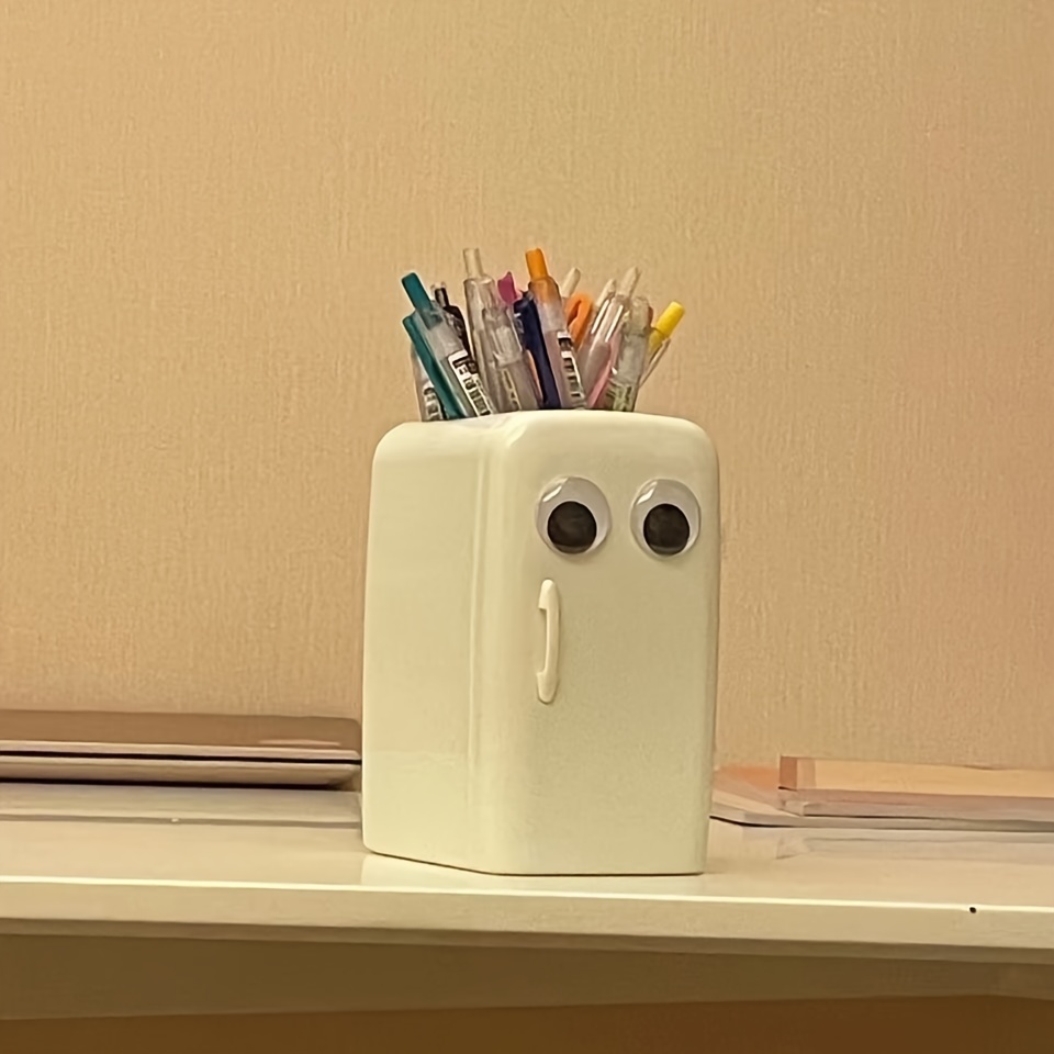 Cute Pencil Holder, Mini Refrigerator Shaped Pen Holder Pencil Container  for Desk Makeup Brush Storage Organizer for Desktop(White)