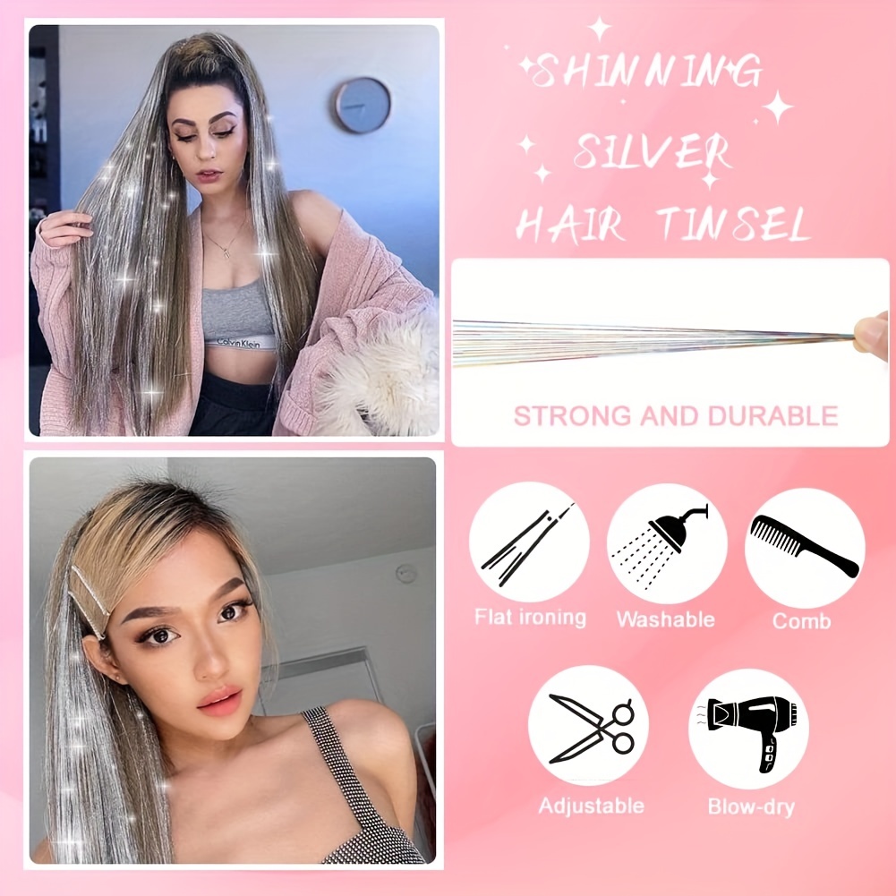 Silver Hair Tinsel Kit with Tools 1200 Strands Hair Tinsel Heat