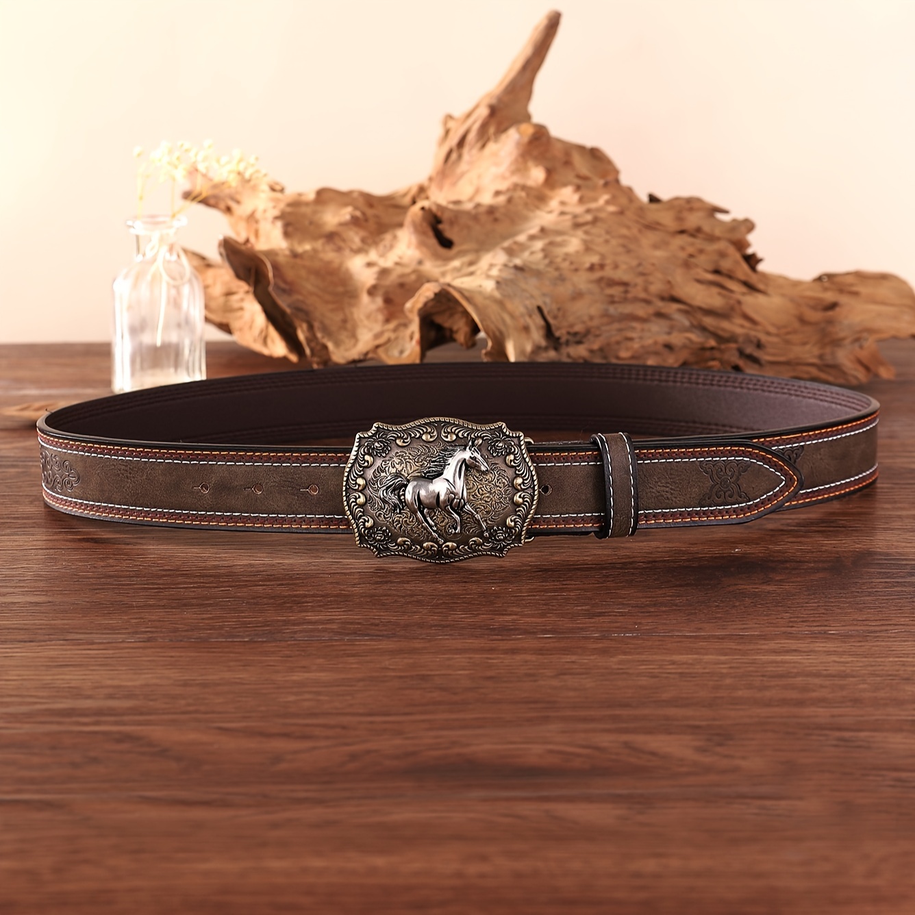 1pc Brown Double-buckle Vintage Carved Punk Style Waist Belt, Perfect For  Dress And Suit