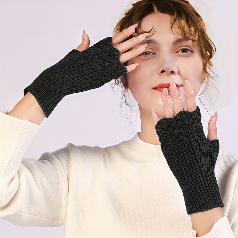 Women's Solid Color Half Finger Winter Ribbed Knitting Gloves, Fashionable Simple Fingerless Elastic Arm Warmer Gloves Mittens,Temu