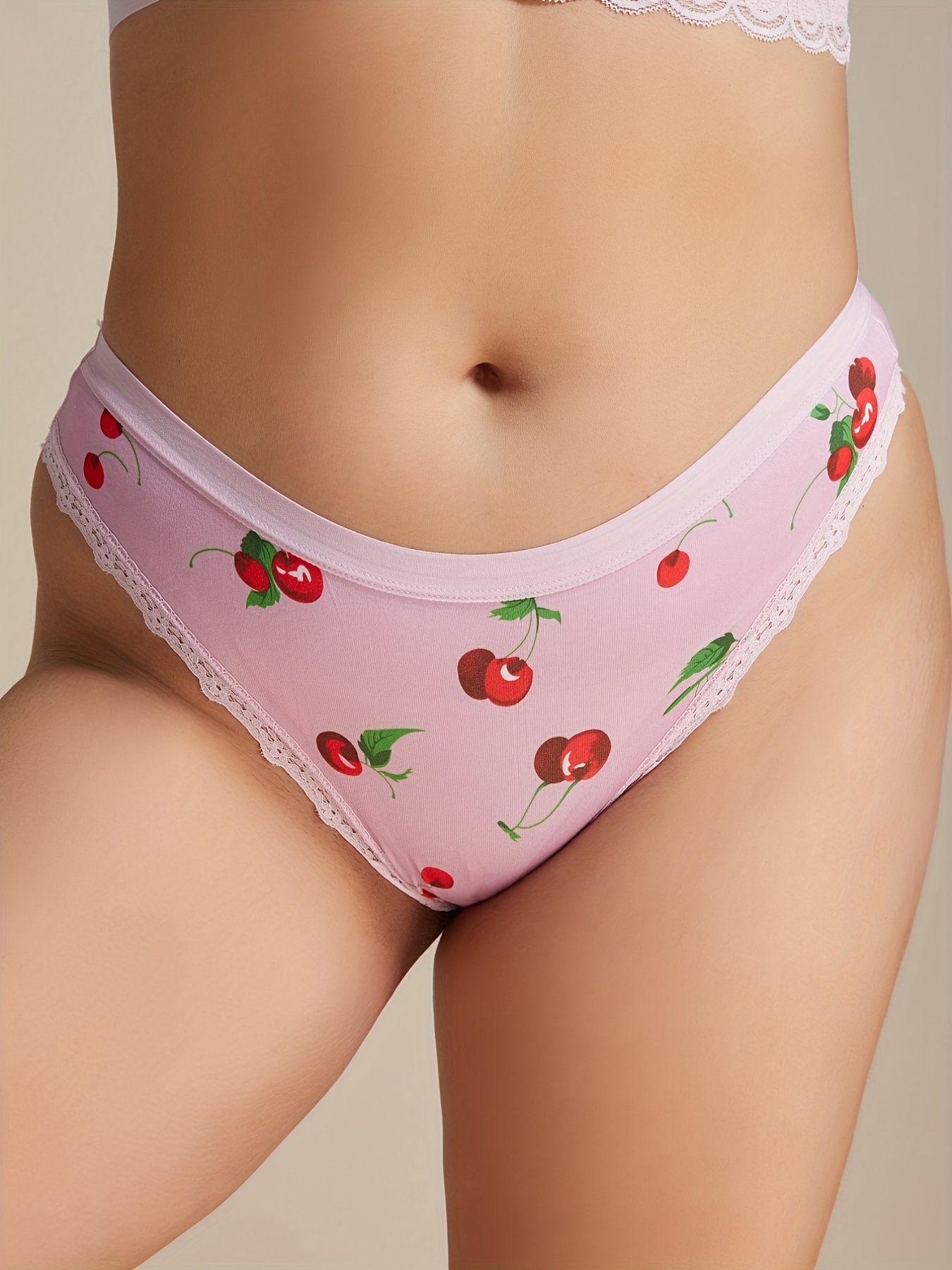 Plus Size Kawaii Underwear, Women's Plus Cherry Print Contrast Lace Trim  Mediums Stretch Underwear