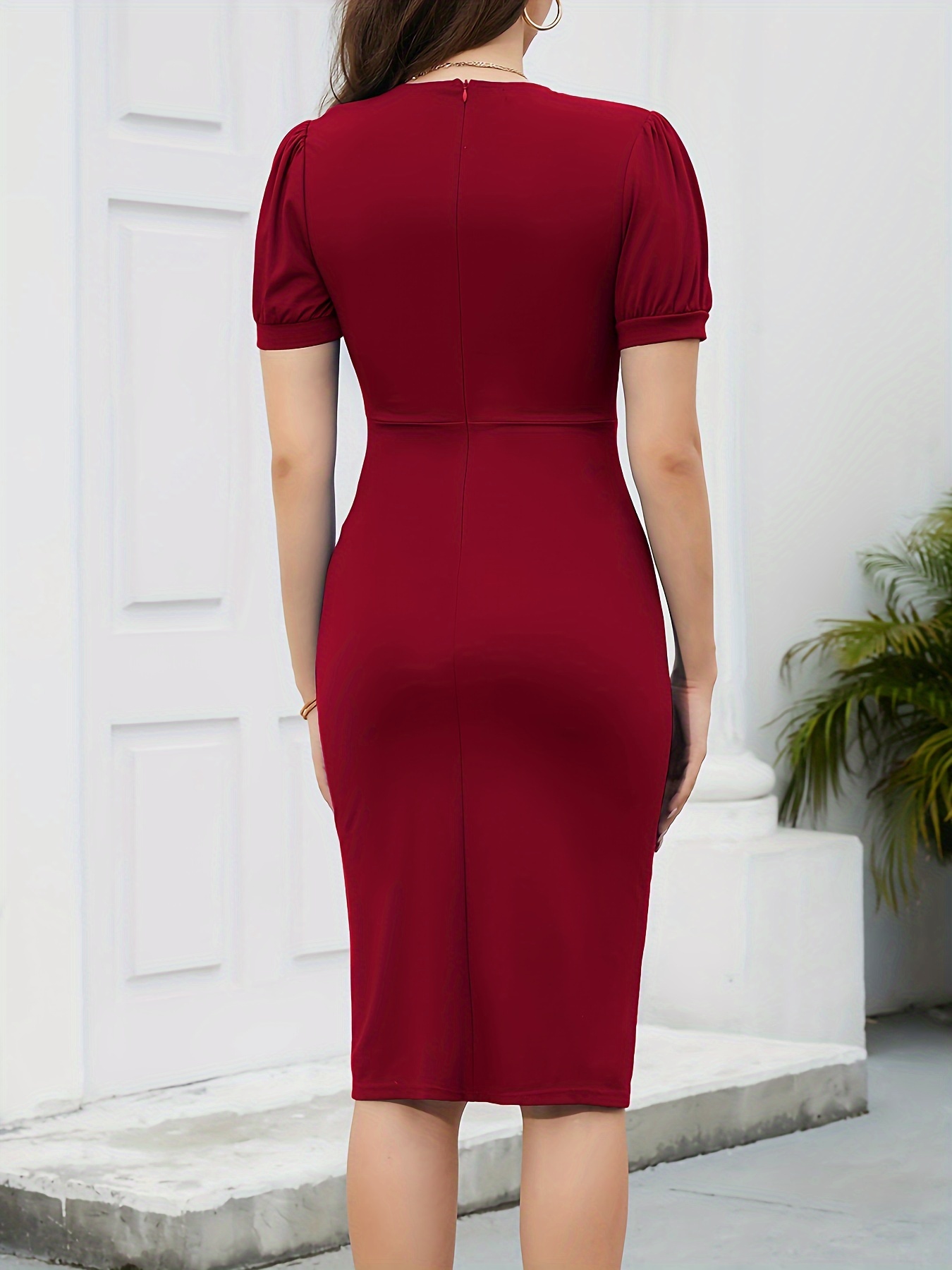 burgundy dress short sleeve Burgundy Satin Long Prom Dress, Beautiful A-Line Short Sleeve Evening main image 0