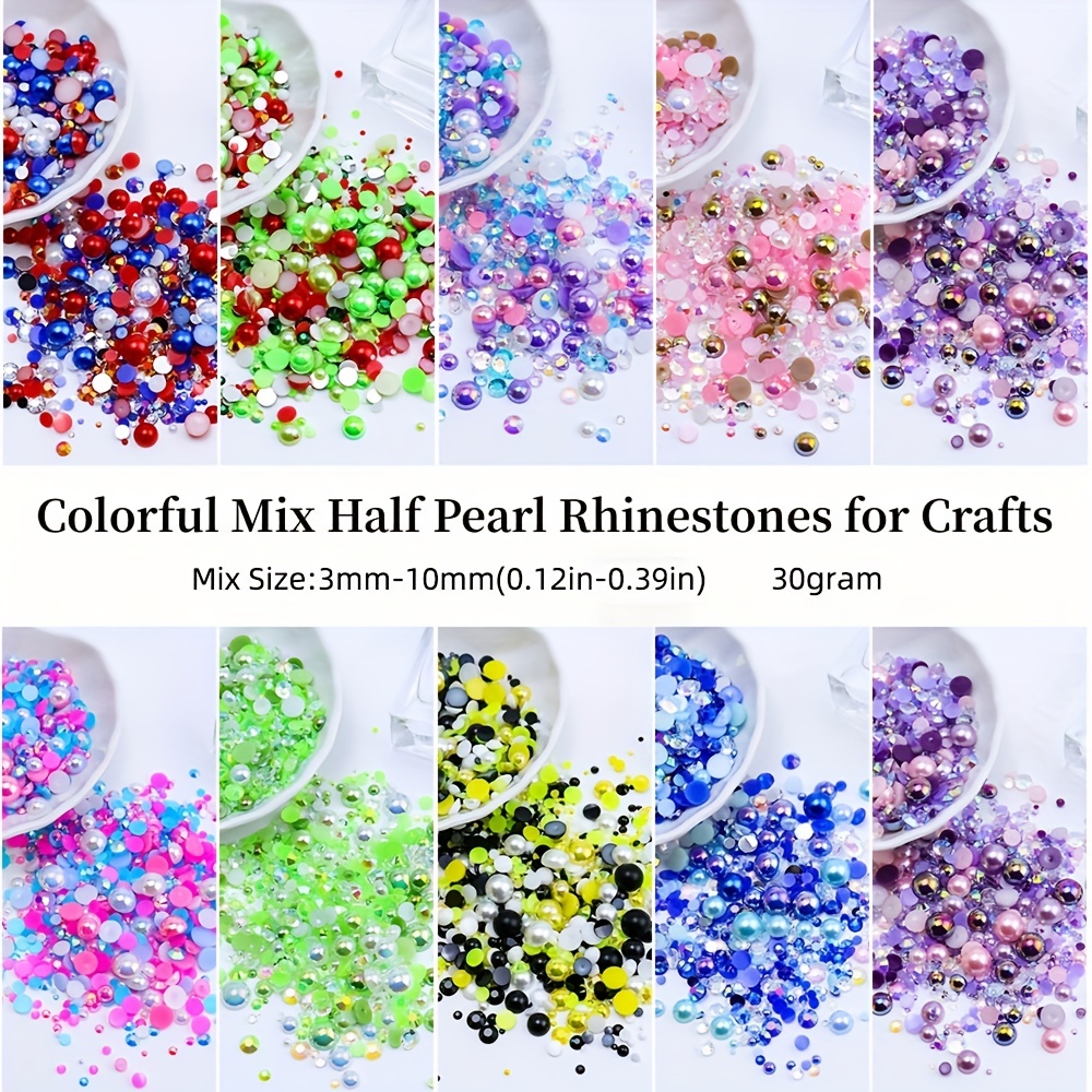 Flatback Pearls for Crafts, 50g White Green Blue AB Half Pearls for Crafts,  Mixed Size 3/4/5/6/8/10mm Flatback Half Round Pearls Beads for Craft