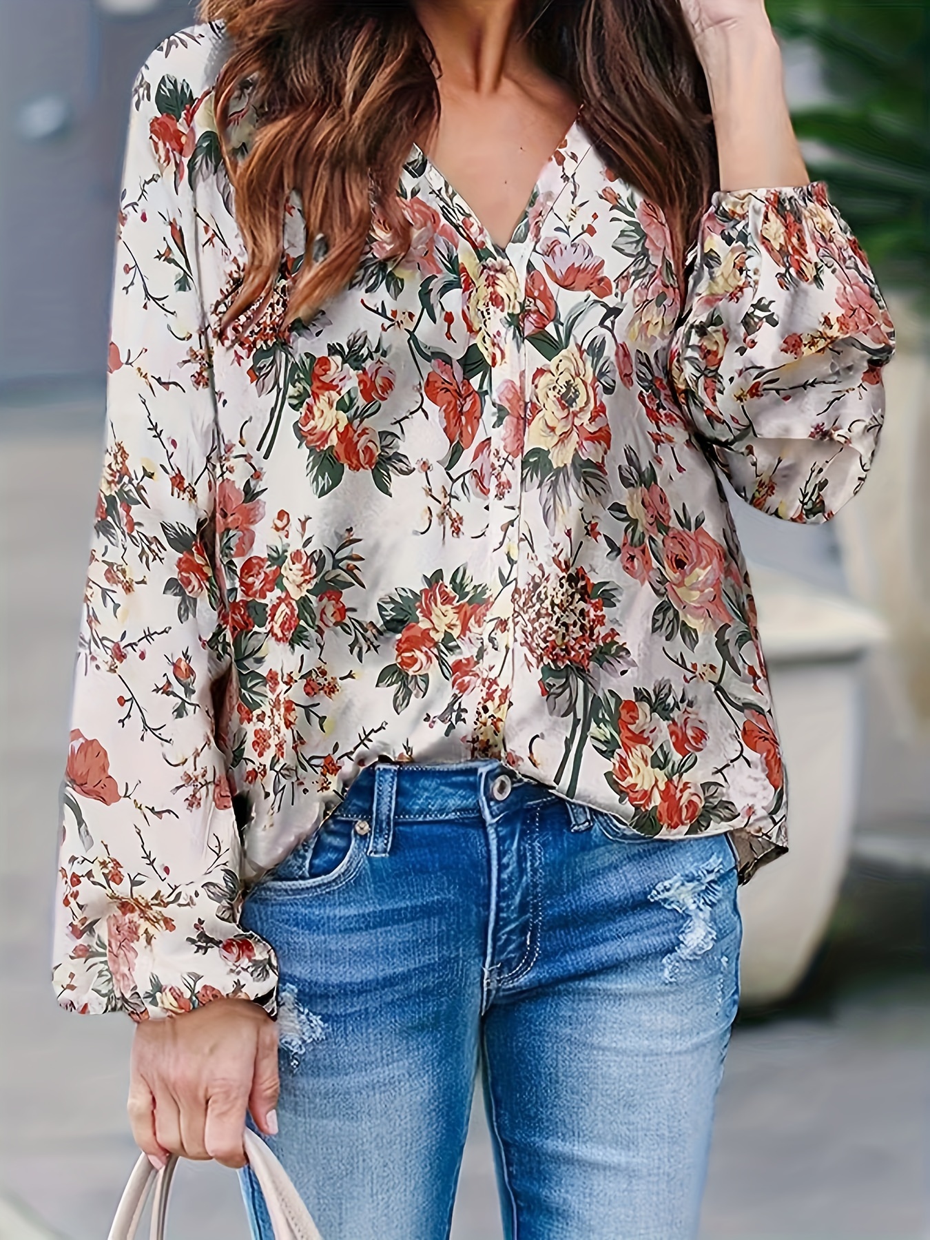 Camisas elegantes com estampa floral blusas casuais de manga - Temu Portugal