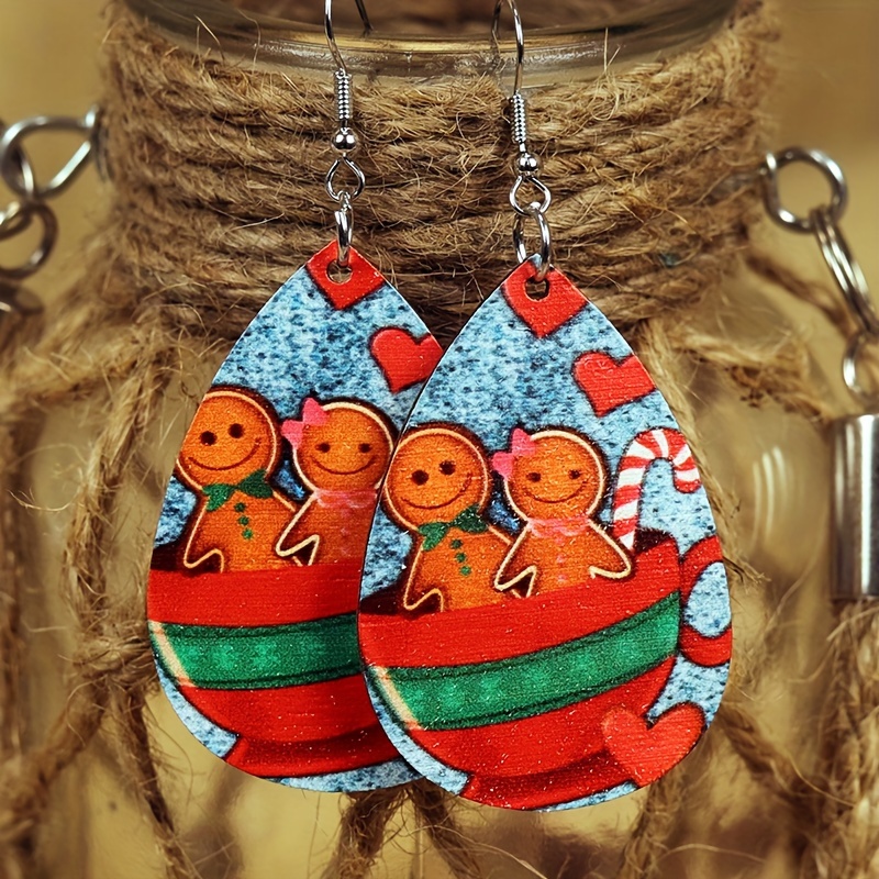 Geometric Shape Gingerbread Print Dangle Earrings Simple Japanese