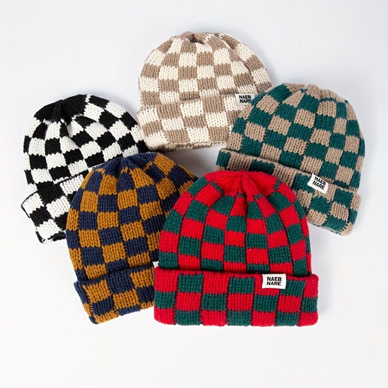 1pc Unisex Checkered Knit Beanie, Knit Hats For Men &amp; Women , Ideal choice for Gifts