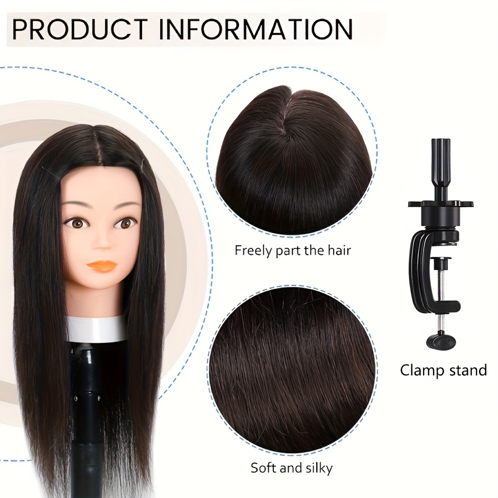 SILKY Cabeza de maniquí de cabello 100% real con soporte, cabeza de  entrenamiento de práctica de peluquería y cabeza de muñeca cosmotología  para