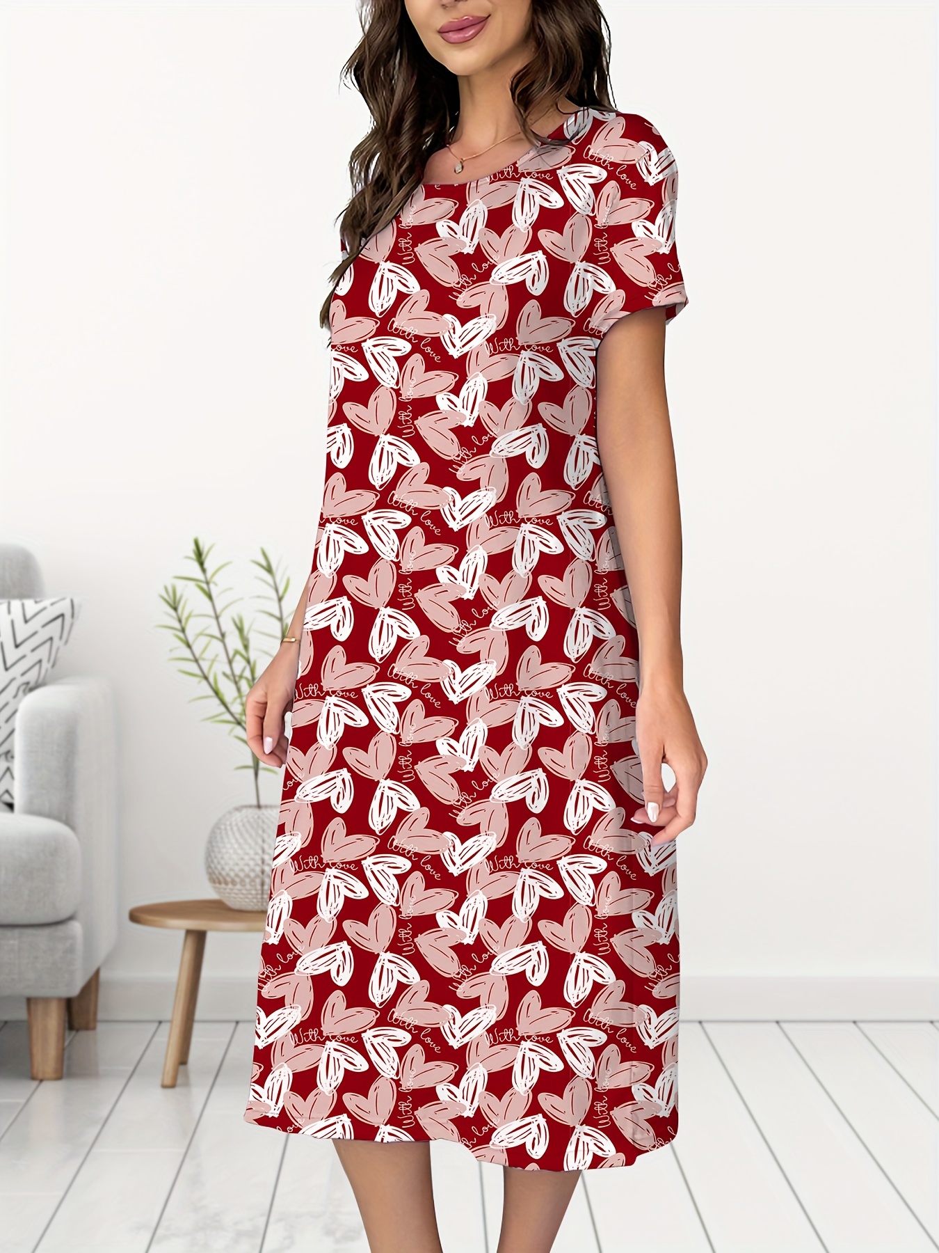 Heart Print NightDress, Short Sleeve Buttons Pajama Dress, Women's  Sleepwear & Dresses