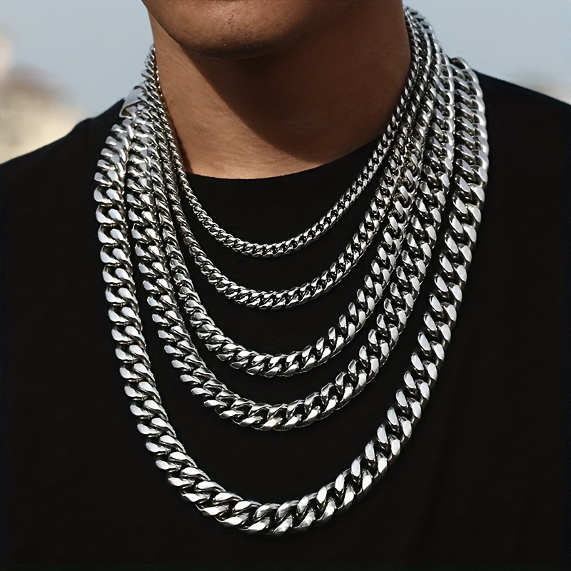 14 mm Silver-Tone Stainless Steel Cuban Chain Necklace