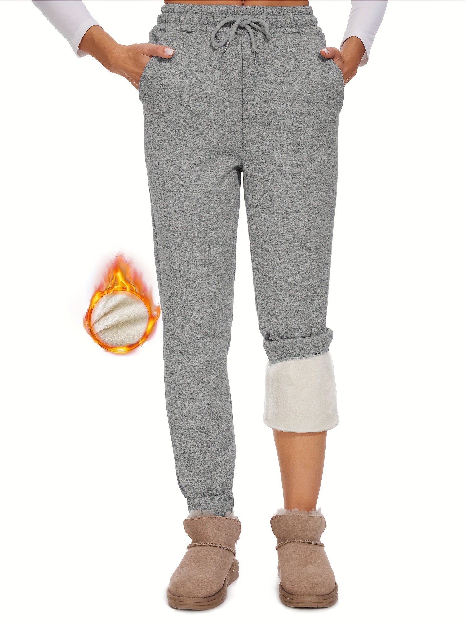 Drawstring Slant Pocket Sports Warm Pants, Solid Color Fleece