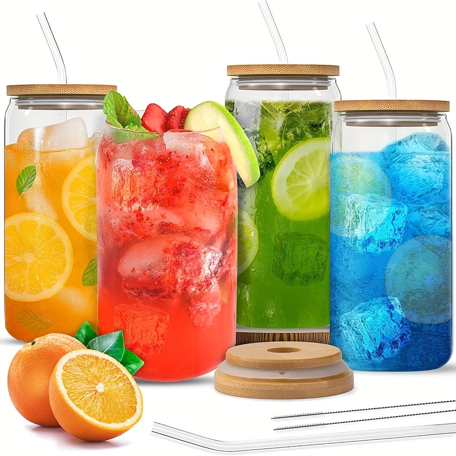 4pcs Glass Cups Set With Lid & Straw (16oz), Tumbler Drinking Set