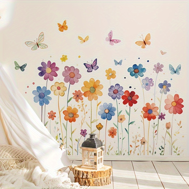 

2 Pcs Flowers Wall Decals Butterflies Floral Wall Stickers Peel And Stick Colorful Butterfly Wall Decal For Girls Bedroom, Living Room, Tv Sofa Background Decoration Diy Wall Decor Art Sticker