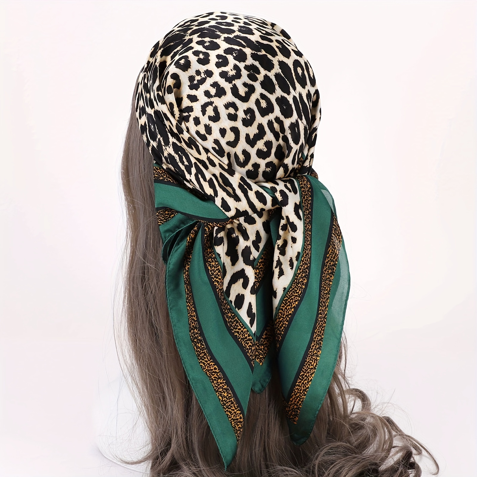 

27.55" Camel/green Leopard Square Scarf, Stylish Thin Breathable Small Shawl, Sunscreen Windproof Headscarf For Women Daily Wear