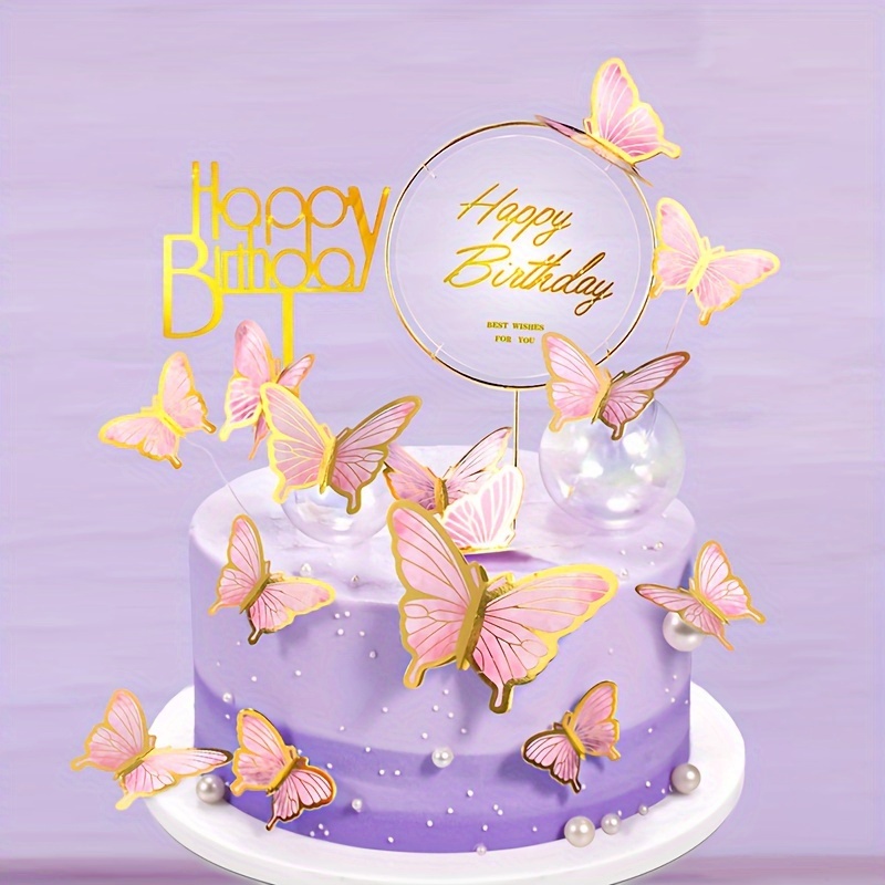 10pcs Golden Butterfly Cake Decorations Happy Birthday Acrylic Cake Topper  Simulation Butterflies Wedding Party Decor