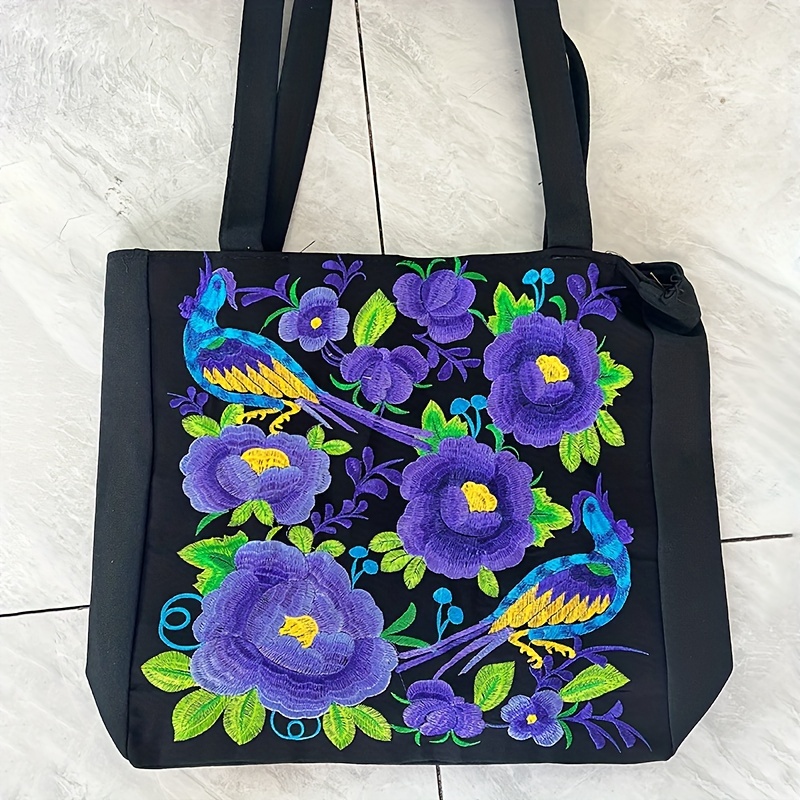 Embroidered Canvas Tote Bag, Women Shopper Bag, Floral Tote Bag