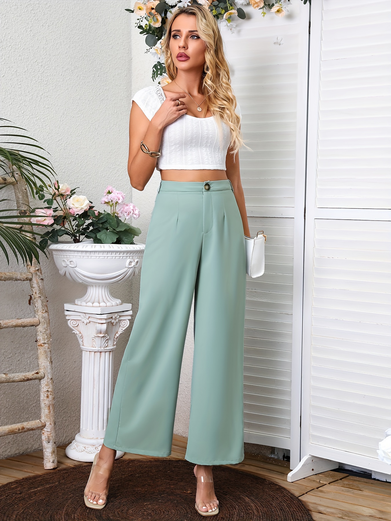 Solid Wide Leg Pants Casual Every Day Pants Women's Clothing - Temu Canada