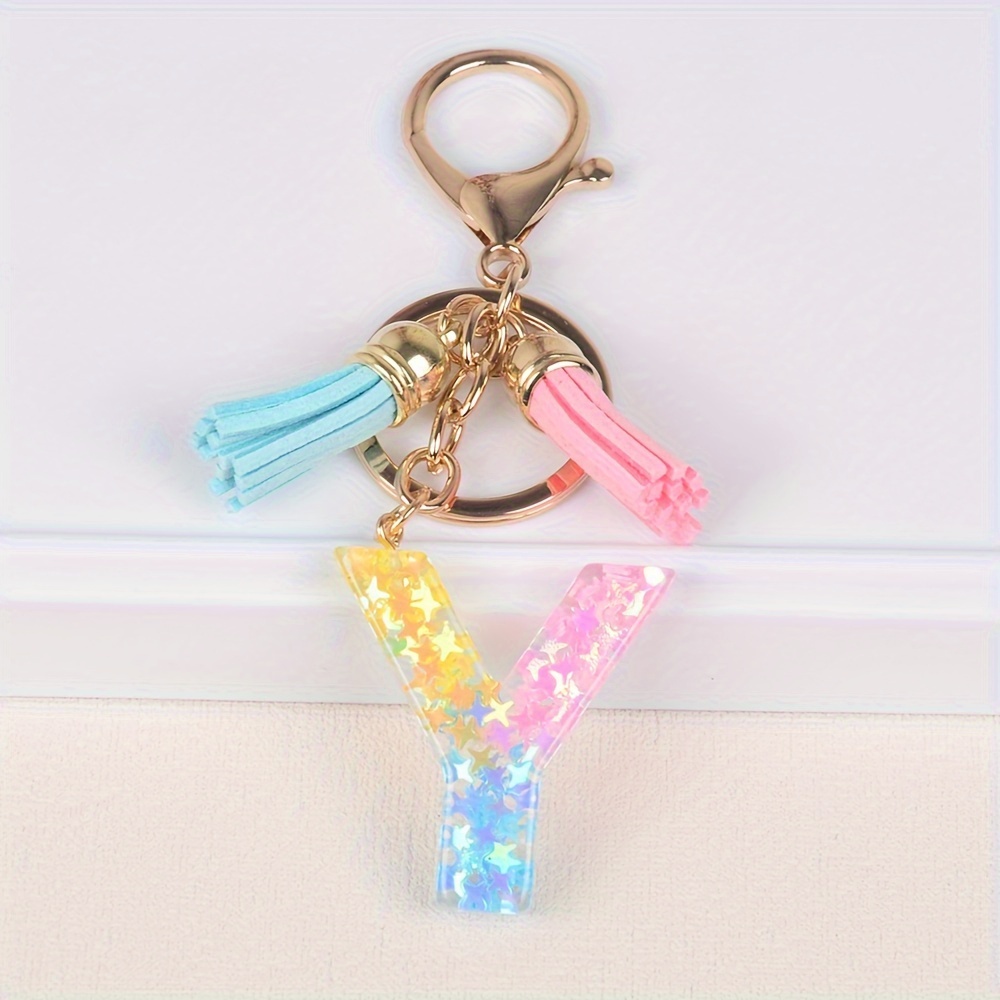 JINGUAZI Backpack Keychains Gifts for Women Initial Letter Keychain for Cute Car Key White Pink Tassel Bling Crystal Shiny