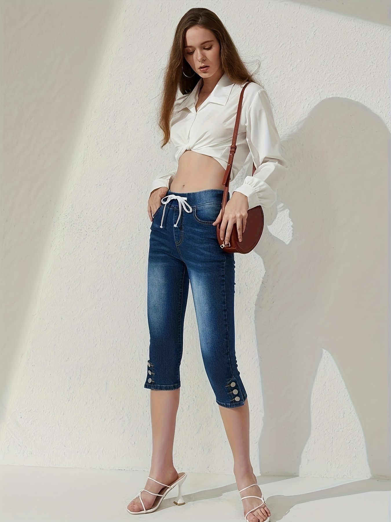 Womens Skinny Stretchy Denim Cropped Jeans Ladies Capri Crop 3/4