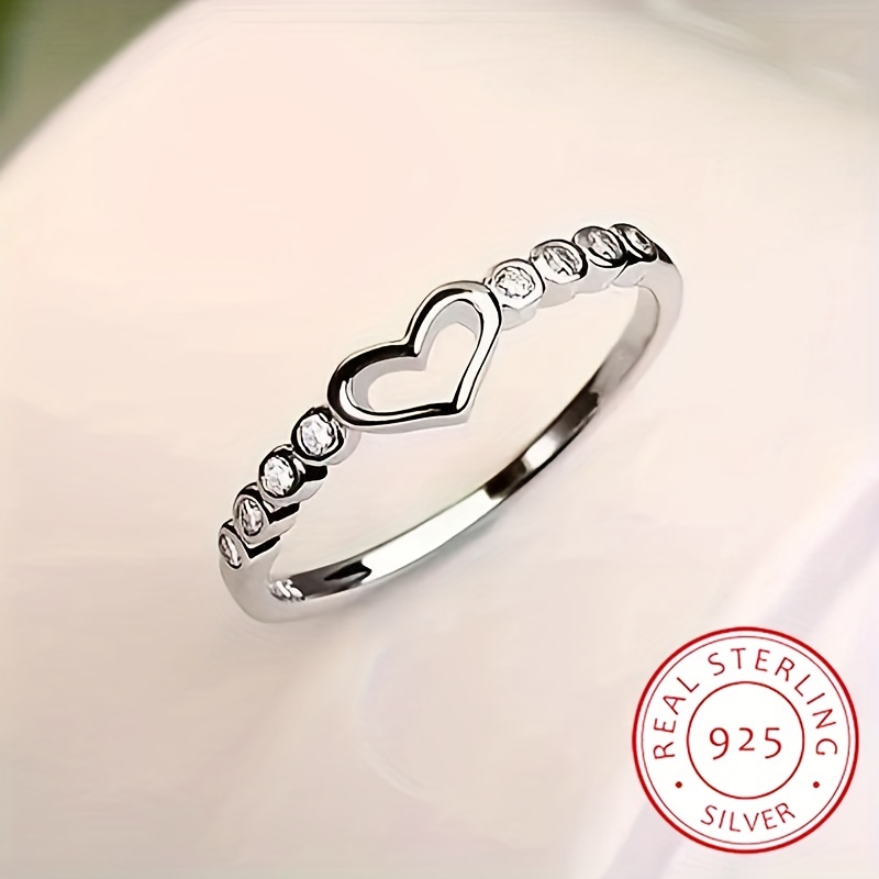 

925 Sterling Silver Ring Cute Heart Design Narrow Band Paved Micro Shining Zircon Match Daily Outfits Sweet Gift