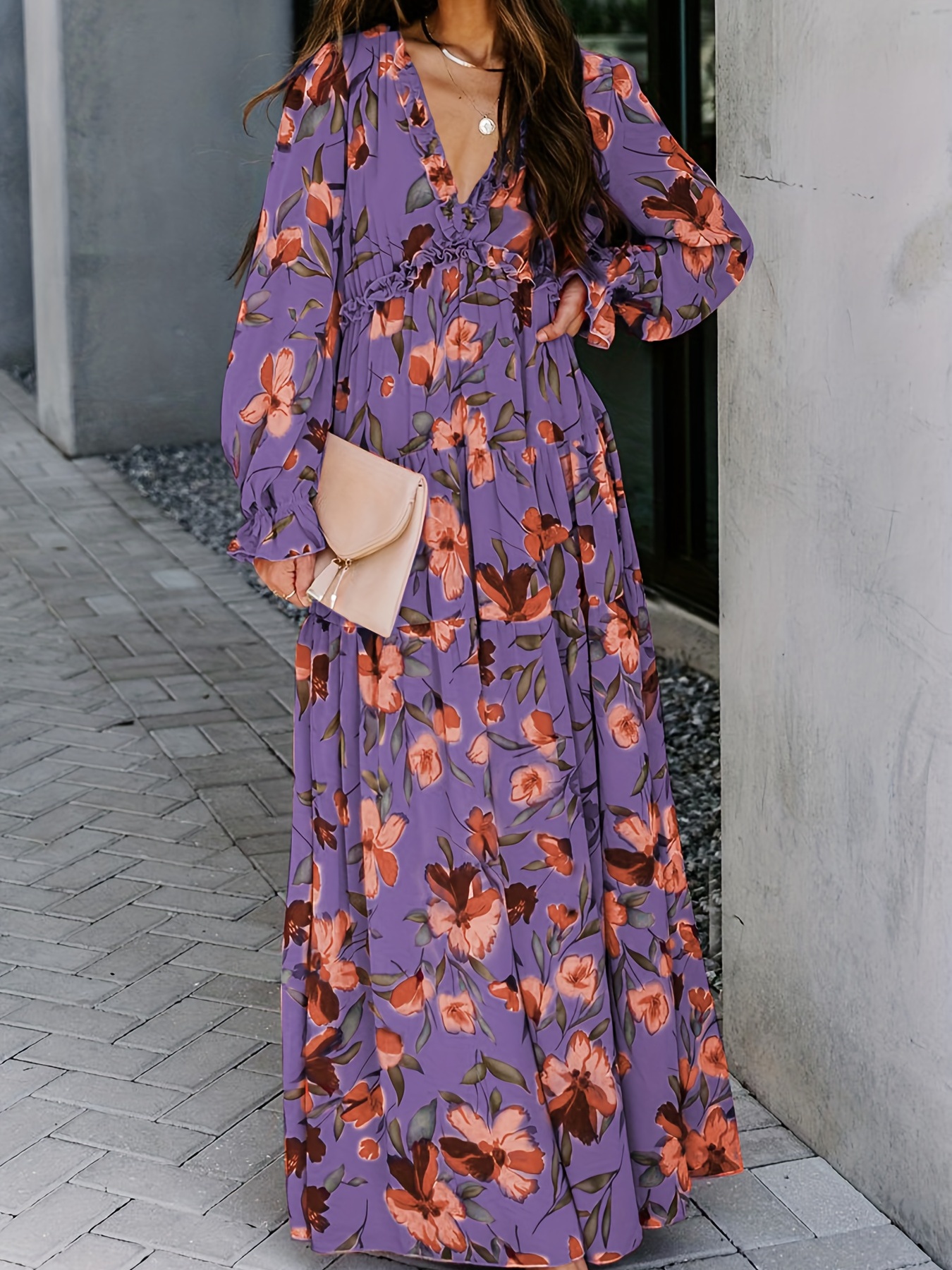 Floral Print Pleated Dress Vacation V Neck Long Sleeve Maxi - Temu