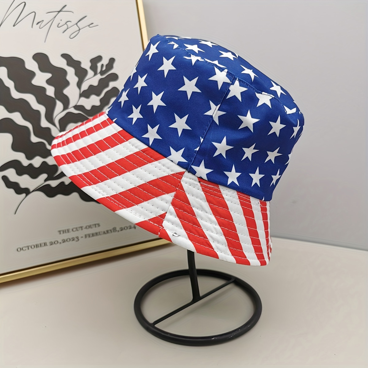 American flag bucket store hat with string