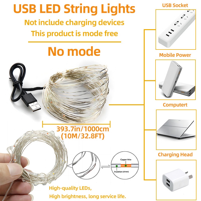 Copper String LED light 10 MTR 100 LED USB Operated Decorative Lights 100  LEDs 10 m Yellow Steady Bottle Rice Lights