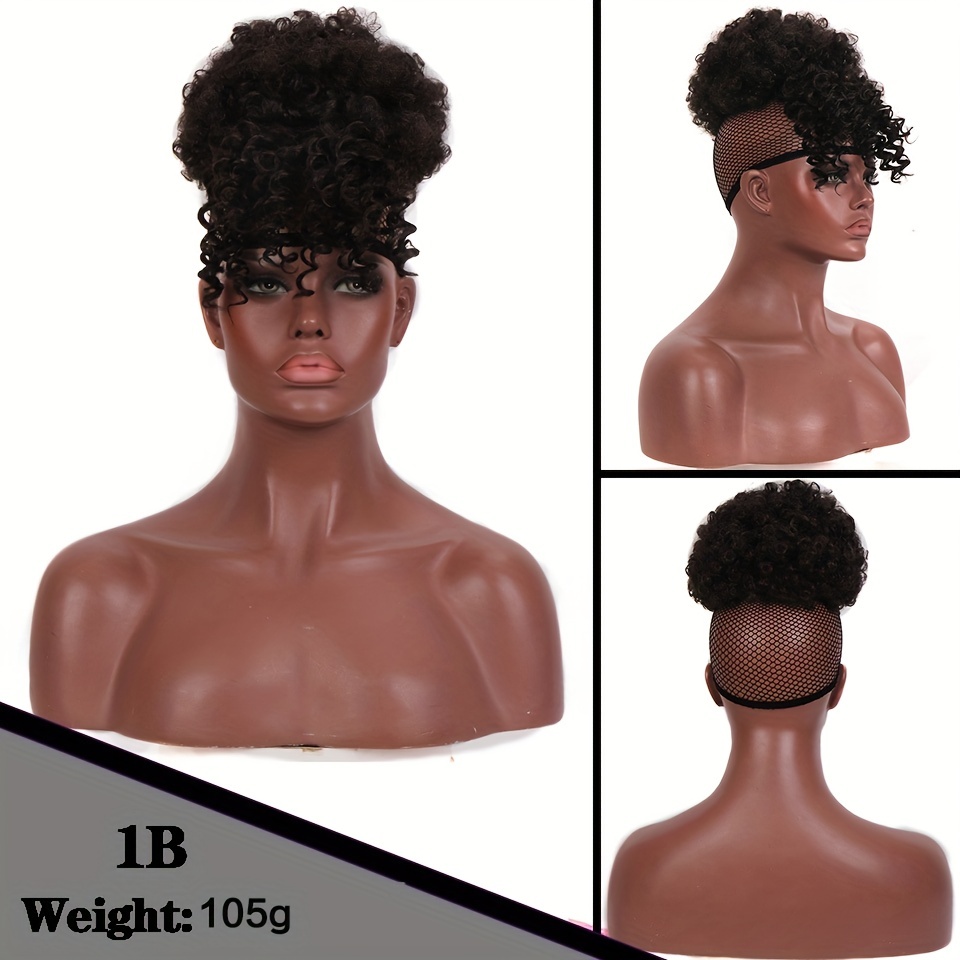 Kinky Curly Chignon with Bangs Synthetic Hair Bun Drawstring Ponytail Afro Puff