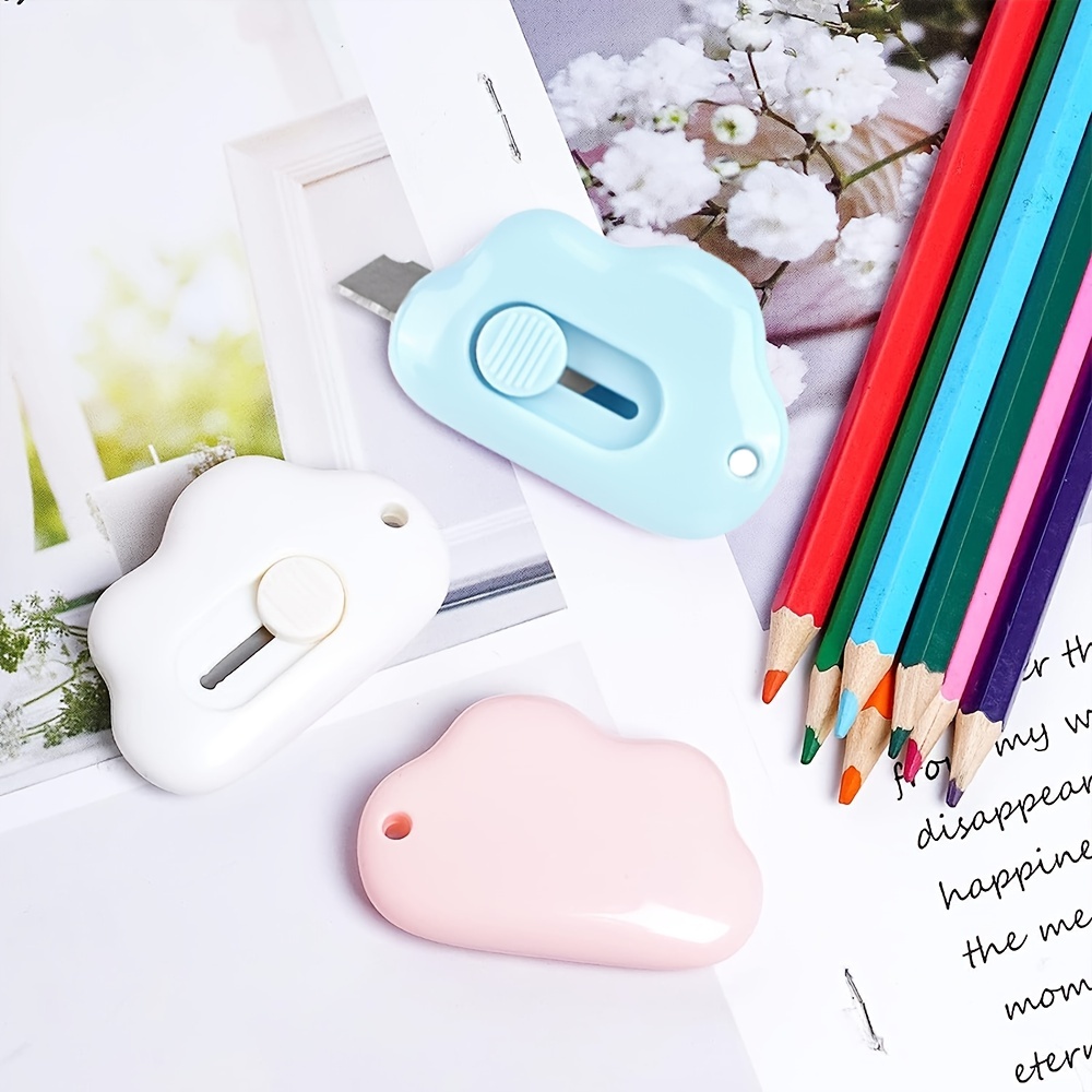 3 Pack Mini Cloud Box Cutter Utility Retractable Art Knives Letter Opener  Envelope Slitter, Cloud Shaped Carton Portable Cutter with Key Chain Hole