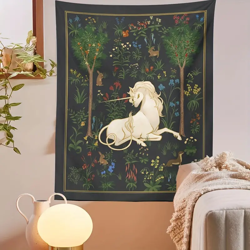 1pc Unicorn Tapestry Wall Art Decor Vintage Forest Garden Home Decoration,  Animal Boho Wall Hanging Polyester Tapestry For Bedroom Living Room Home De