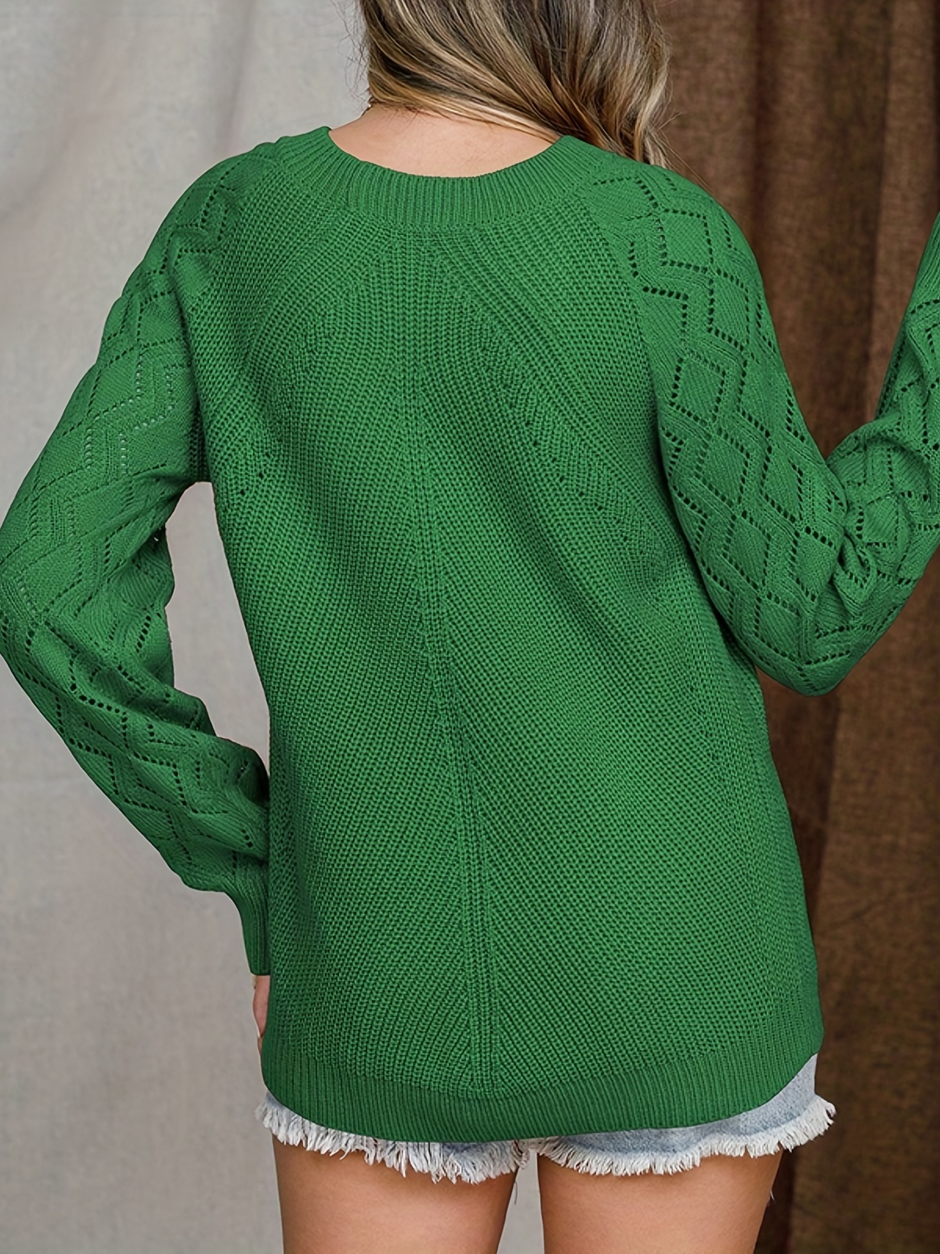 eyelet crew neck sweater casual long sleeve sweater for fall winter womens clothing green 1