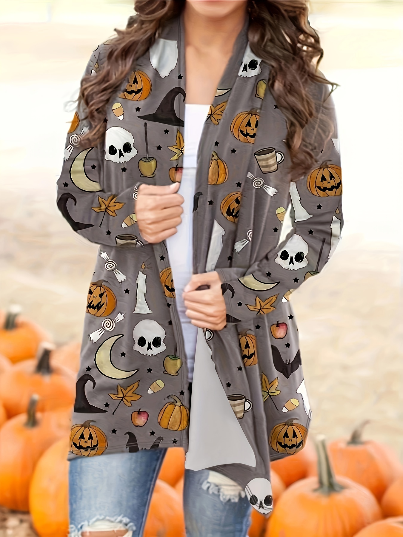 Halloween Cardigan Women's Open Front Graphic Print Long Sleeve
