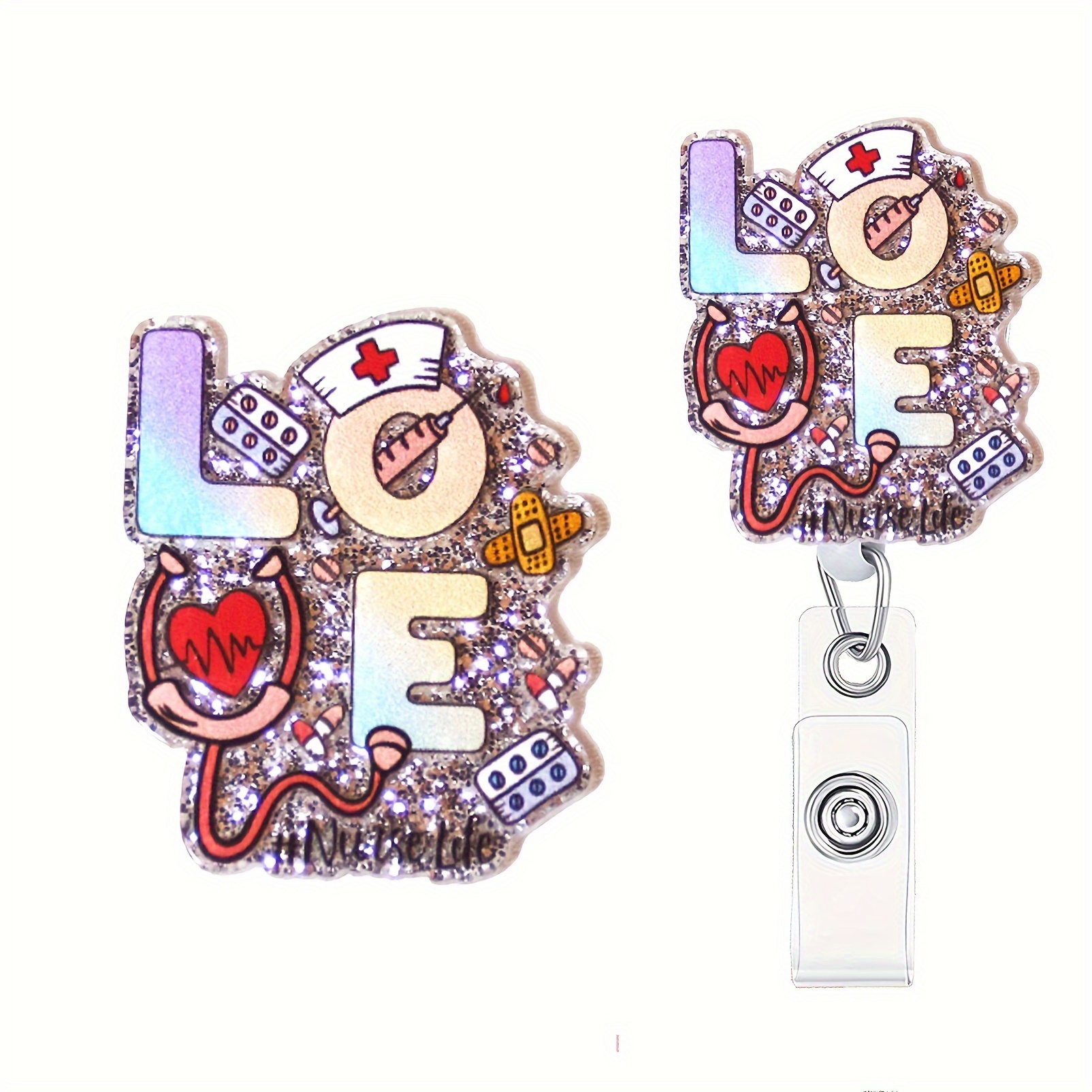 1pc Nurse Retractable Badge Reel With Clip, Love Nurse Life ID Badge Holder  Cute Badge Funny Glitter Badge Reel Gift For RN LPN CNA Nurse Doctor Assis