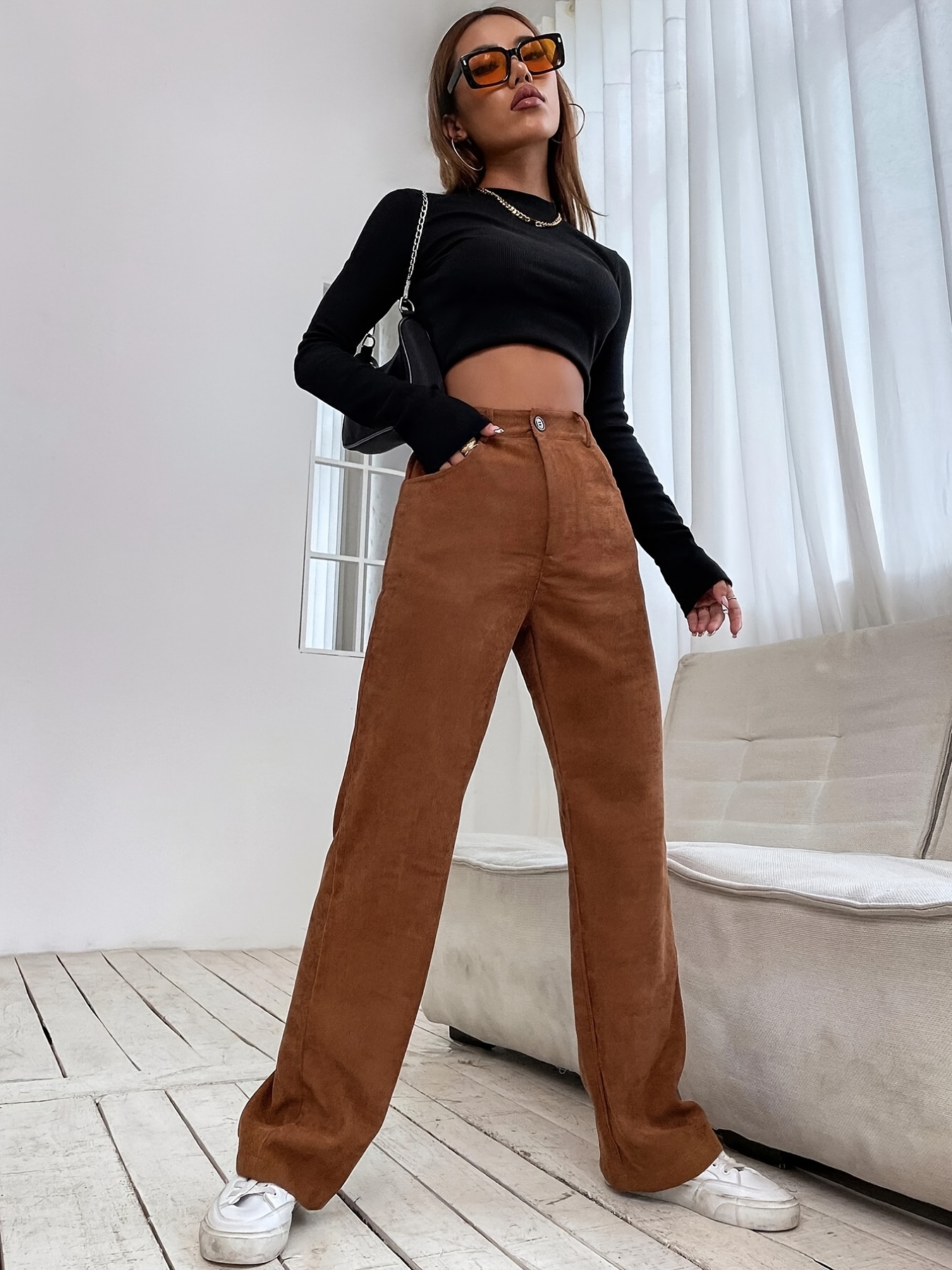 Women's Corduroy Pants Casual Elastic High Waisted Straight Leg Pants Loose  Comfy Trousers Long Pants with Pockets