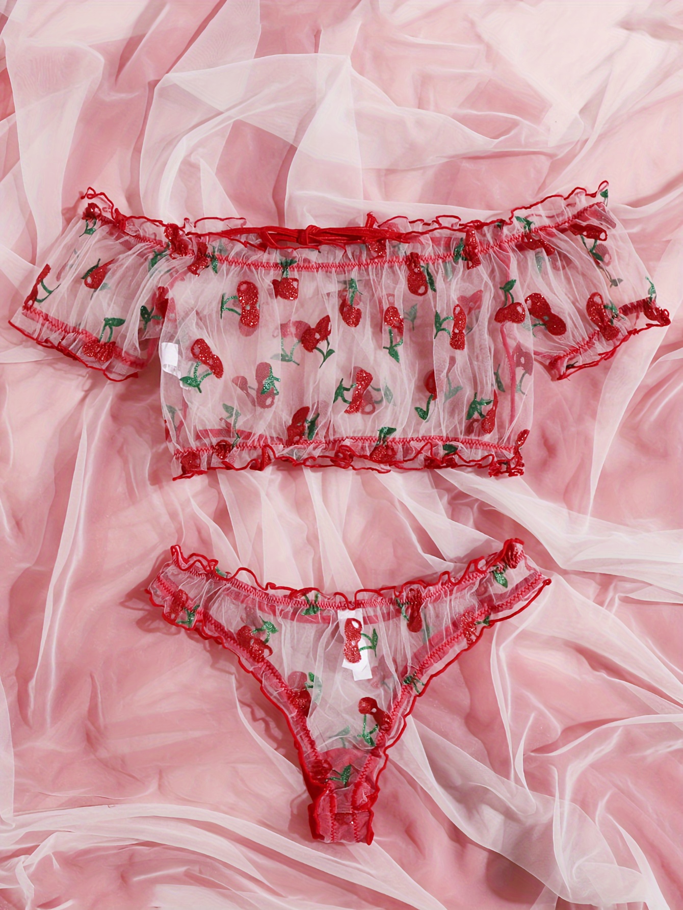 Cherry Pattern Lace Trim Bikini Top
