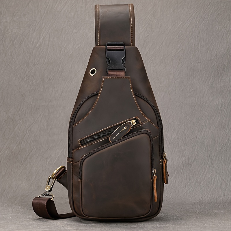 TEMU Men Genuine Leather Chest Bag Vintage Sling Crossbody Bag With Earphone Hole Retro Genuine Leather Casual Bag