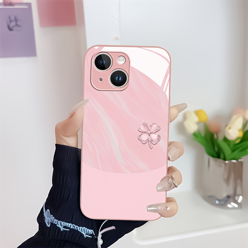 

Creative Rosy Clover Pattern Phone Case For 15 14 13 12 11 X/xs Xr Xs Pro Max Plus Rose Pink Metallic Silicone Glass Straight Edge New Protective Case