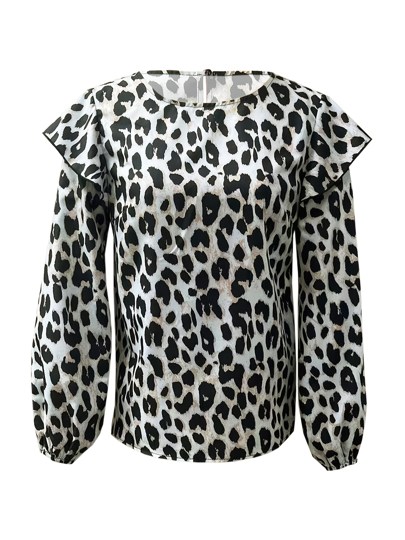 leopard print ruffle trim blouse casual crew neck keyhole Temu