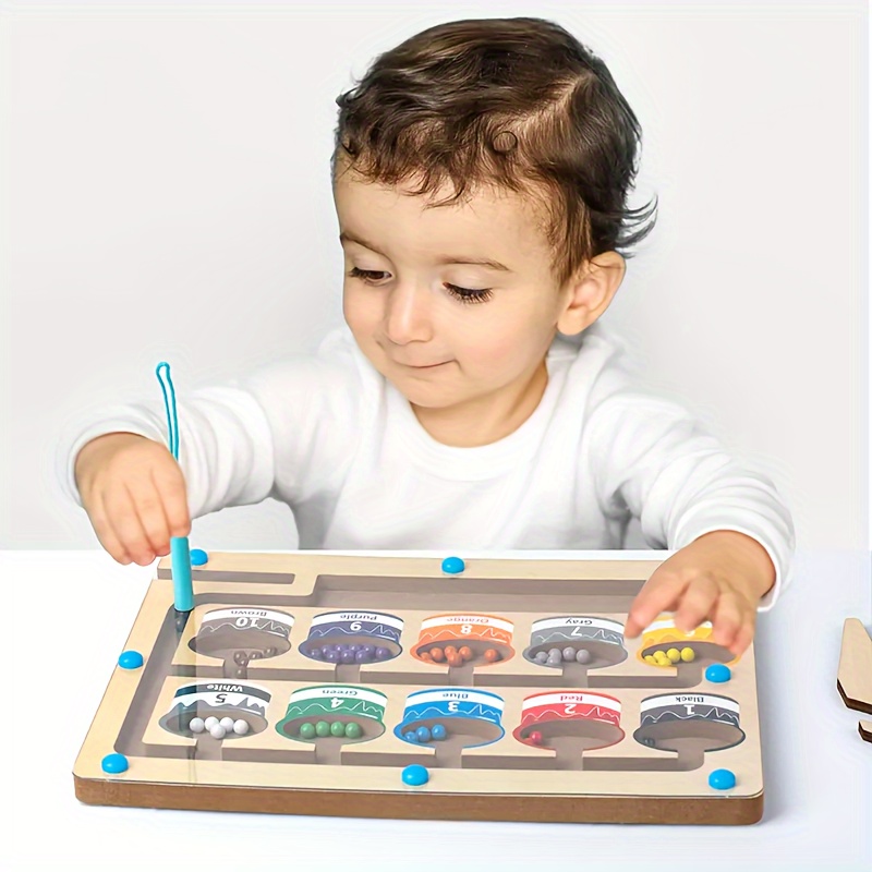 Labyrinthe magnétique de couleurs et de chiffres – Plateau de jeu éducatif  Montessori en bois avec aimants – Activités de comptage, jeux assortis – Ap