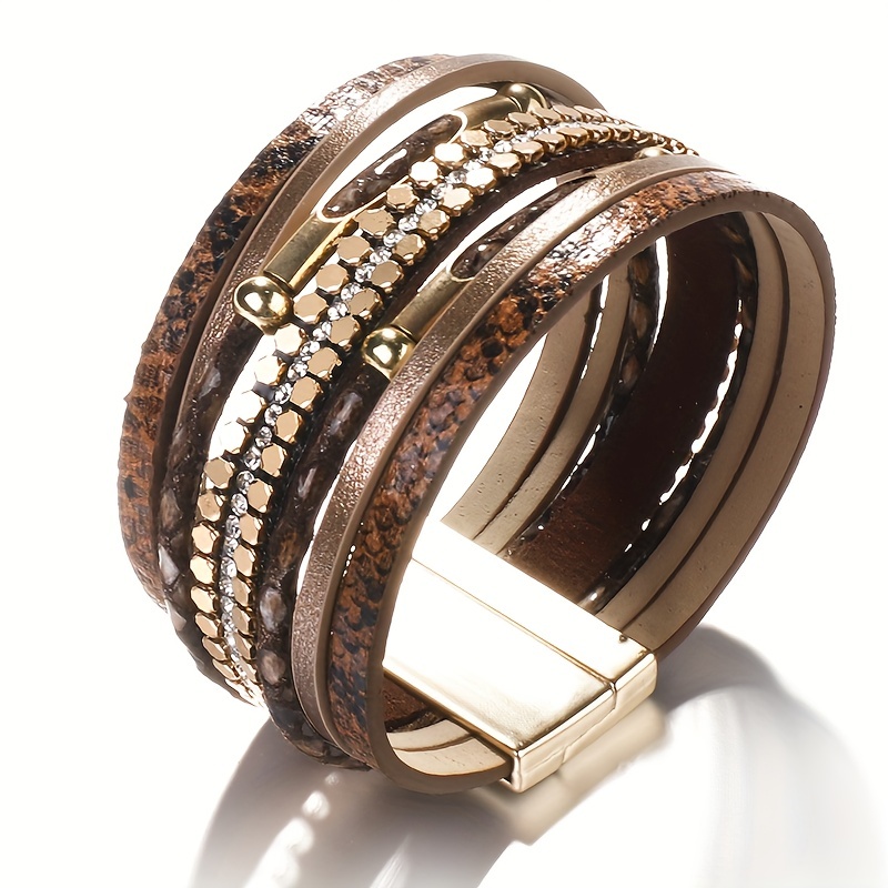 Snakeskin Pattern Leather Bracelet Multilayer Wrap Magnetic Clasp