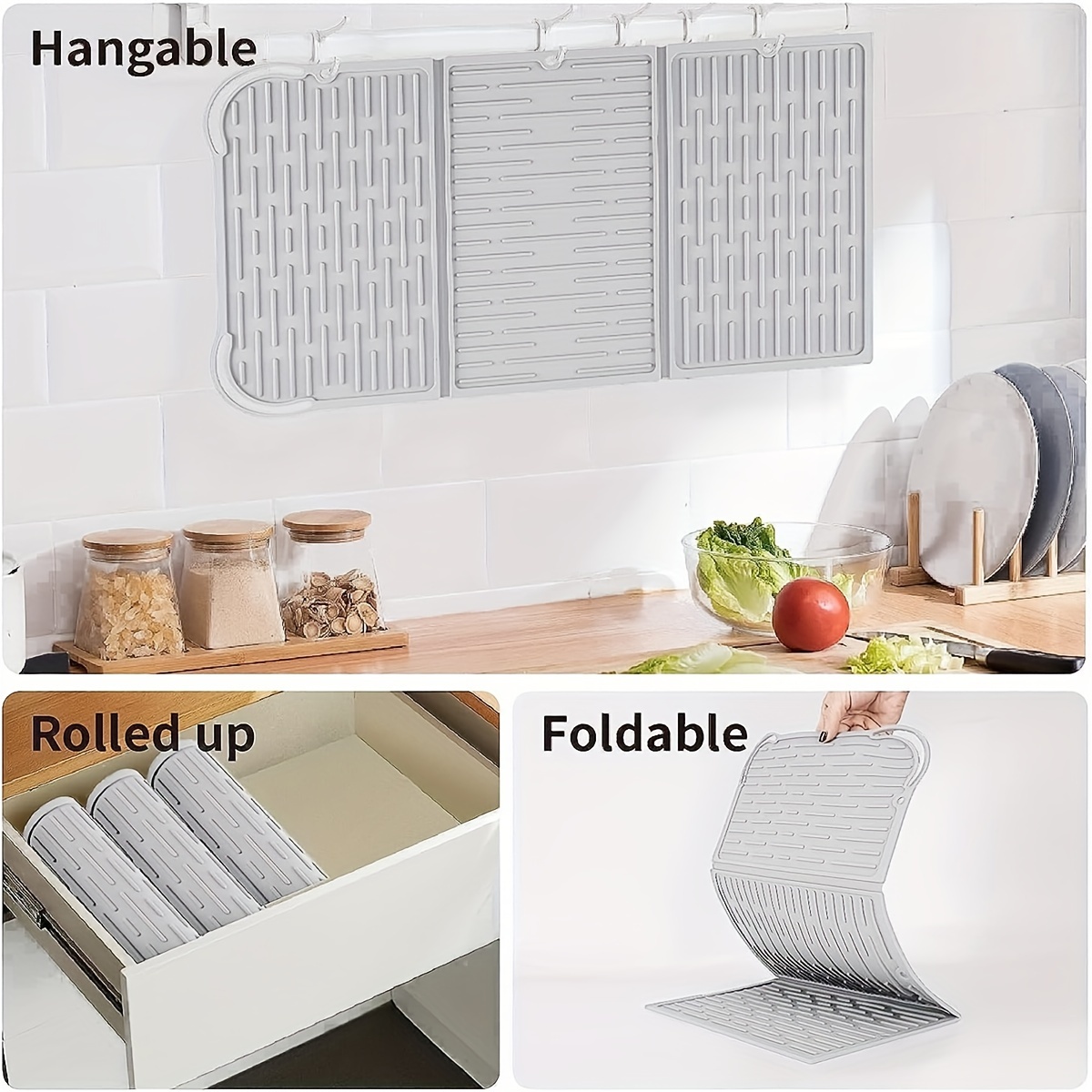 Silicone Drying Mat with Spoon Rest & Storage Band for Easy