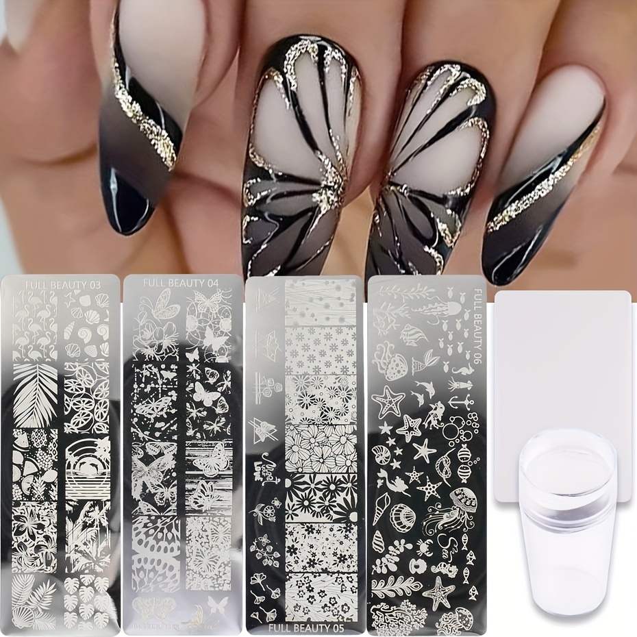 

Nail Stamping Plate Set, With Nail Stamper, Summer Leaves Butterflies Image Stamp Nail Template Stencil Manicure Set