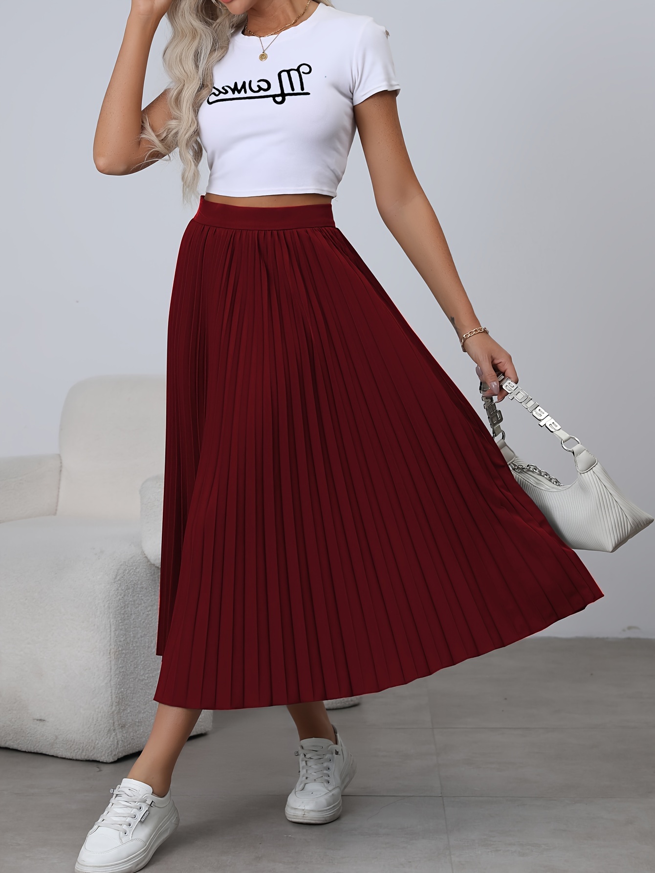 Ruched High Waist Skirts Elegant Solid Versatile Maxi Skirts