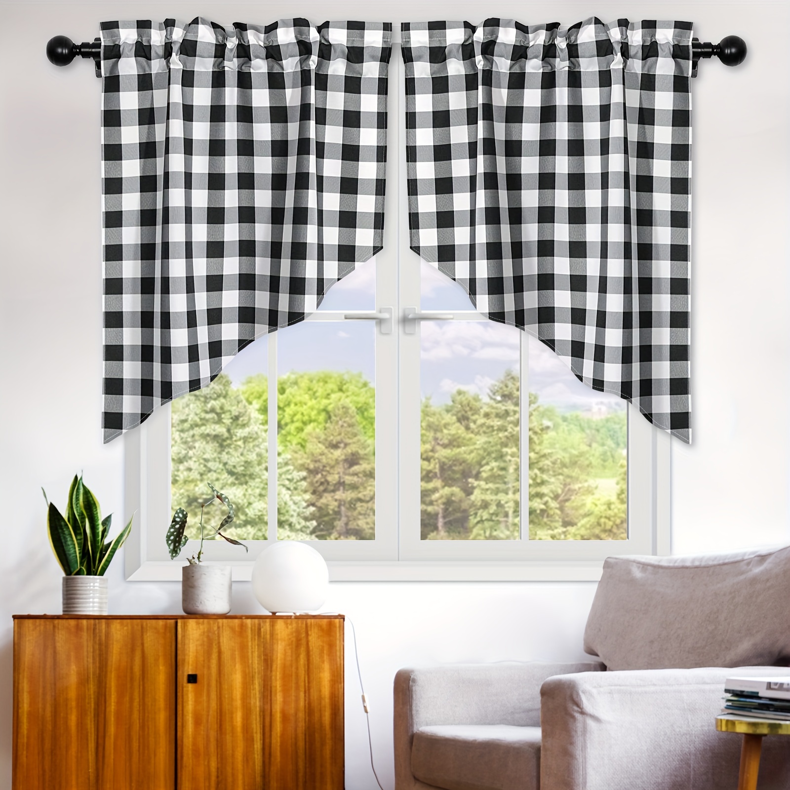  Cenefa de cortina para decoración de ventana, bolsillo para  barra, cortinas cortas con panel de calabaza de granja de otoño a cuadros  blancos y negros, cortinas de tratamiento de ventana para